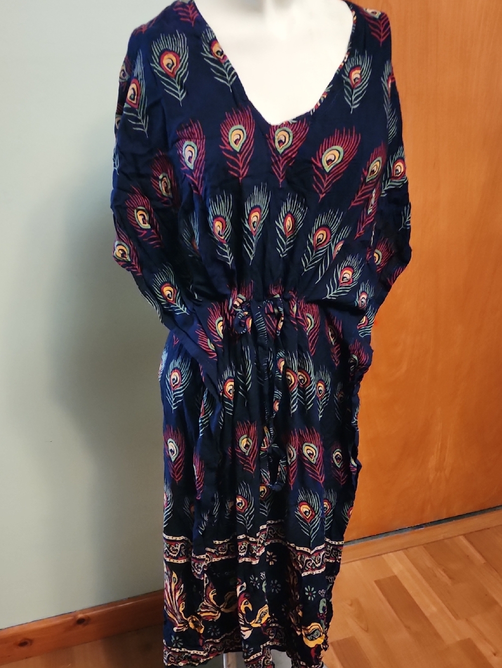 Bohemian Peacock-Print Navy Cover Up Dress